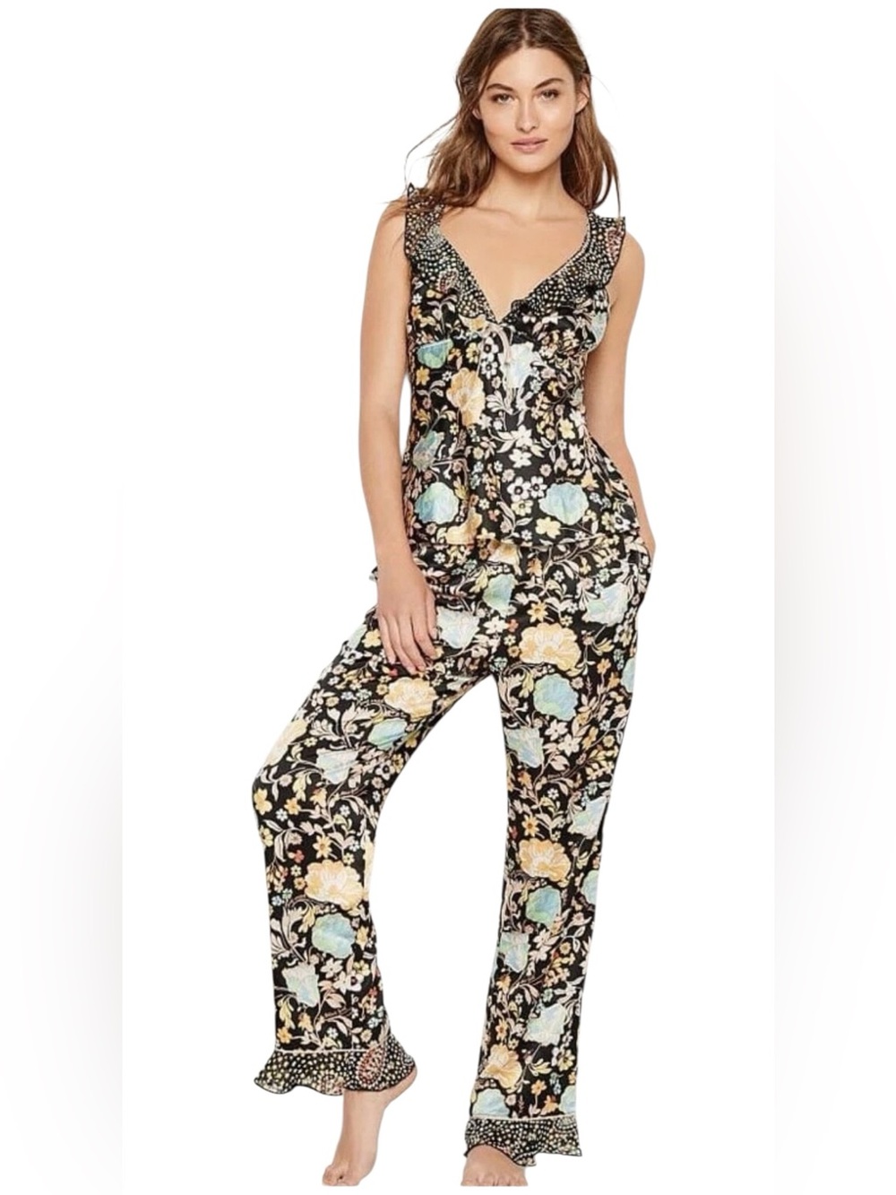 Victoria's Secret Satin Black Floral with Pastel Blooms Flounce Pajama Set